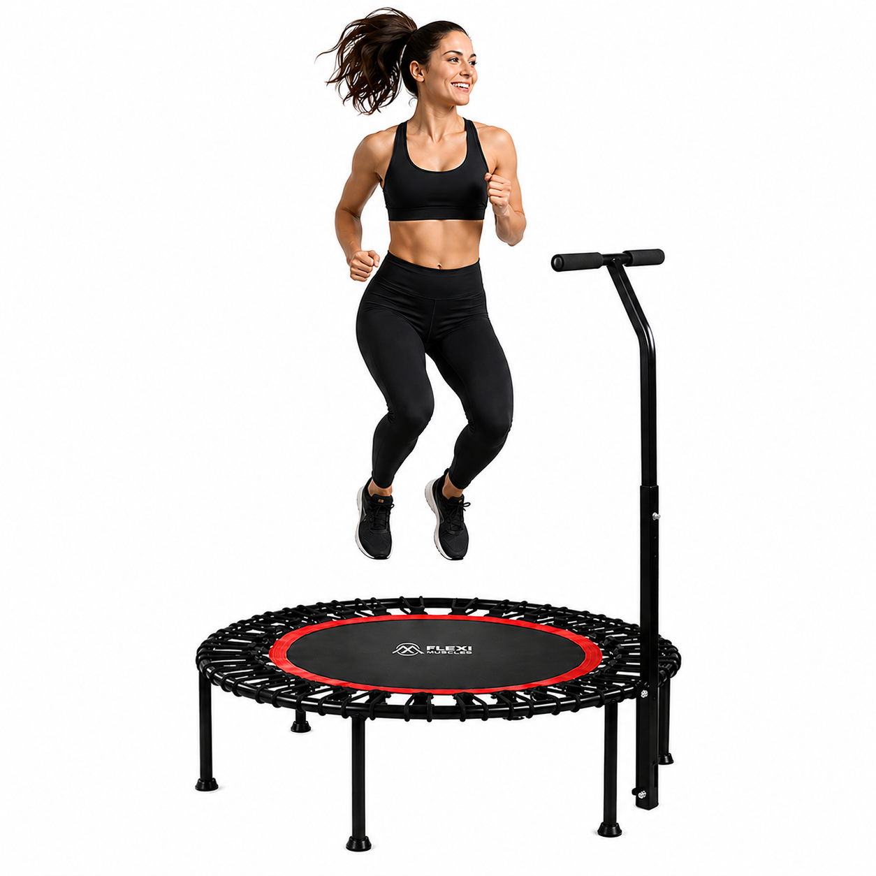 Person doing a low impact bounce workout on a red Flexi Muscles rebounder