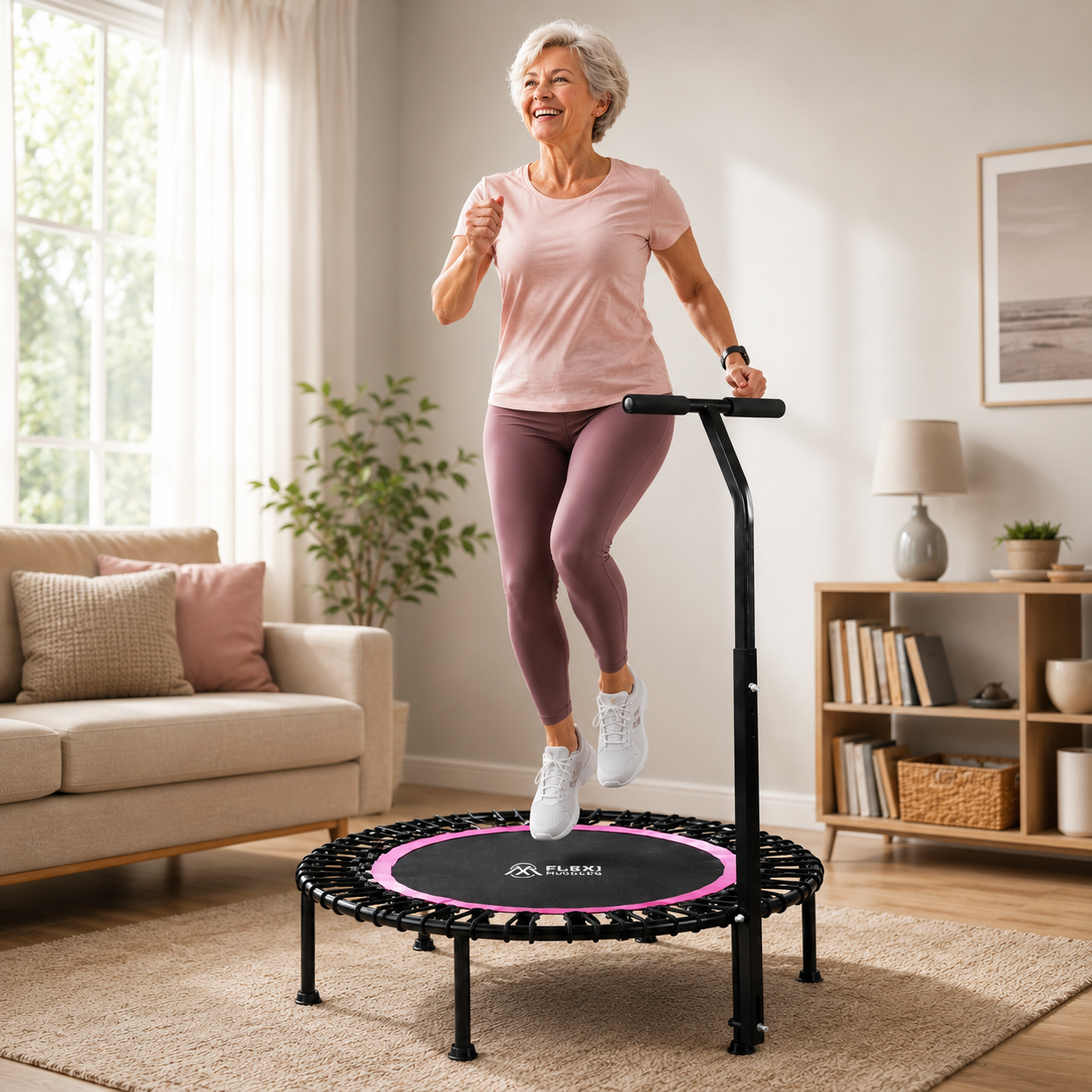 Person enjoying a low impact bounce workout on a Flexi Muscles rebounder at home