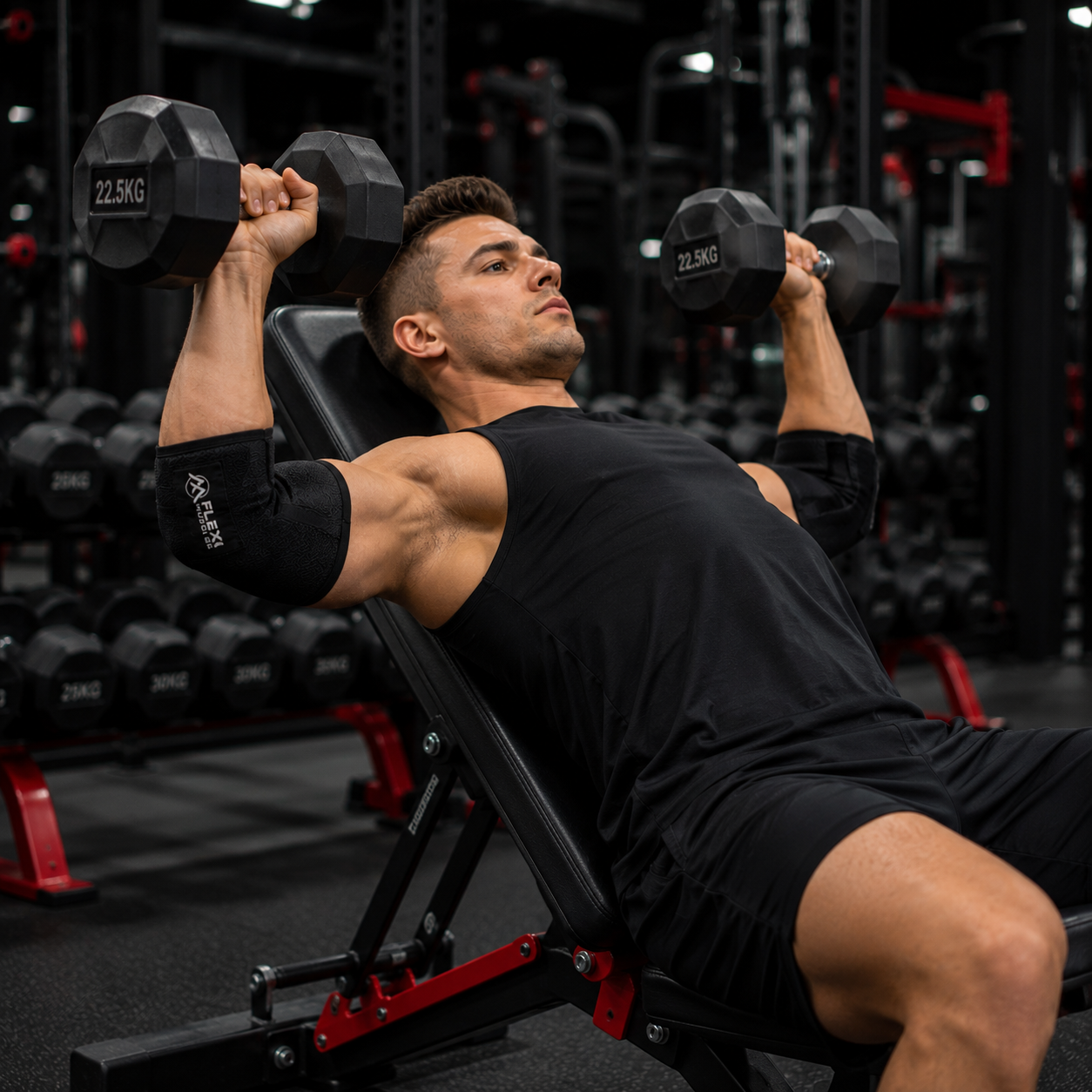 Man wearing Flexi Muscles elbow straps performing an incline dumbbell press in the gym
