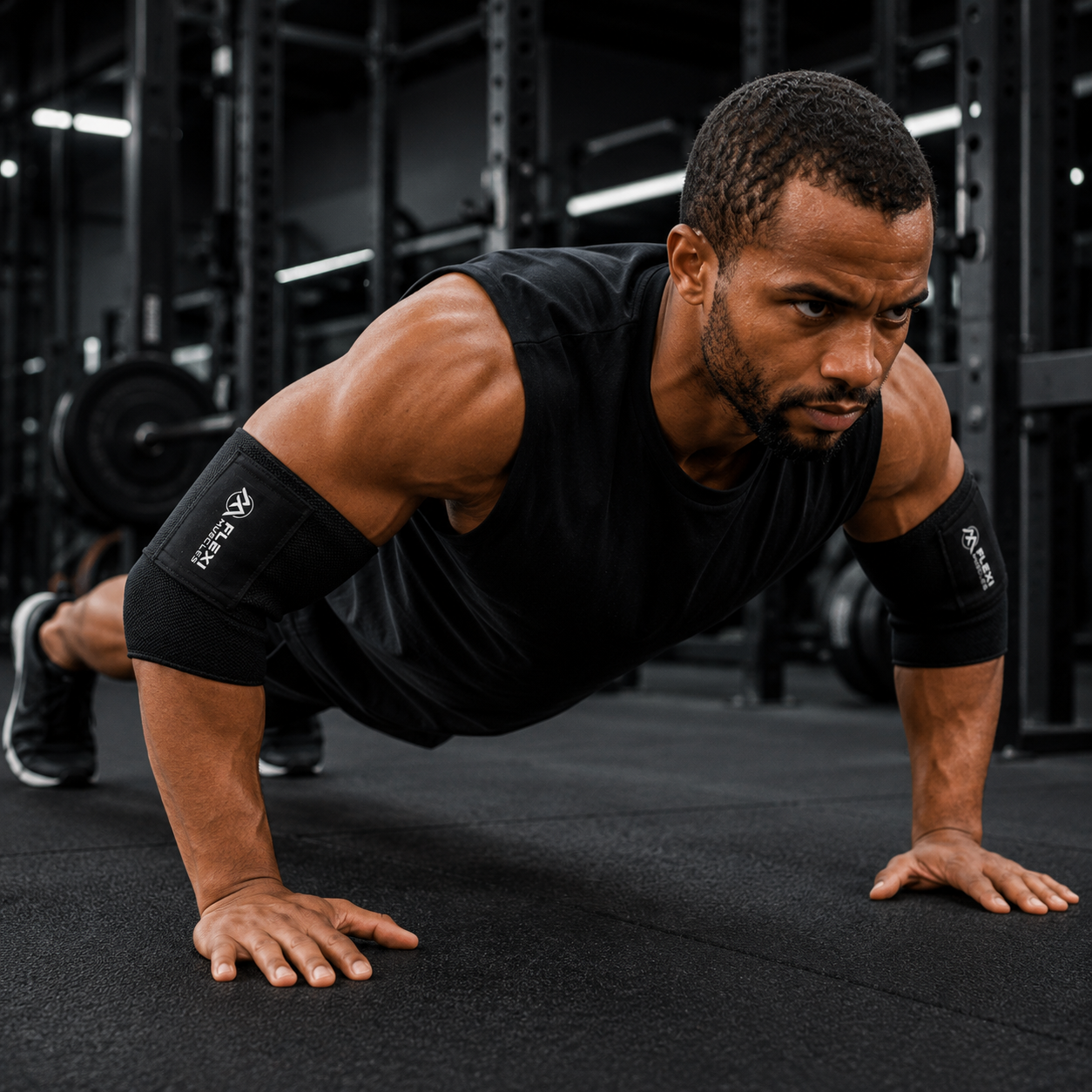Man wearing elbow straps on both arms performing a push-up, showing the compression fit of the strap
