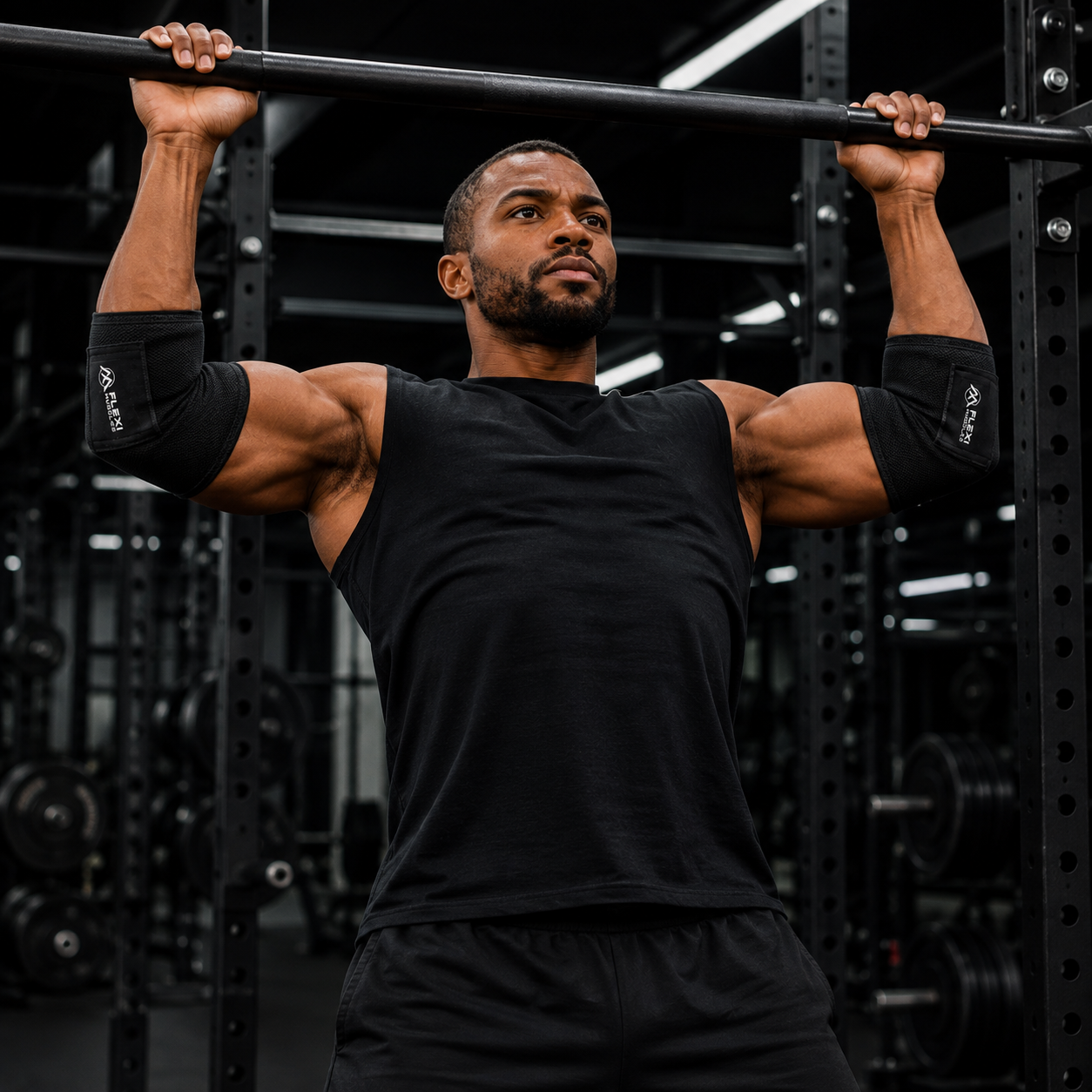 Man wearing elbow straps on both arms during a pull-up, showing elbow support for pulling movements