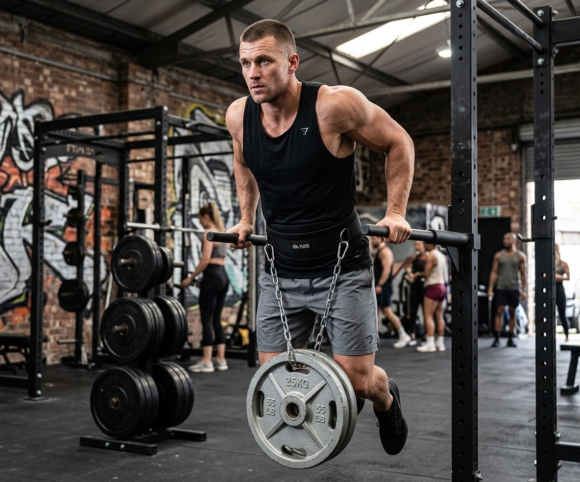 Man performing a weighted dip with a 25kg plate hanging from a dip belt chain at correct hip position