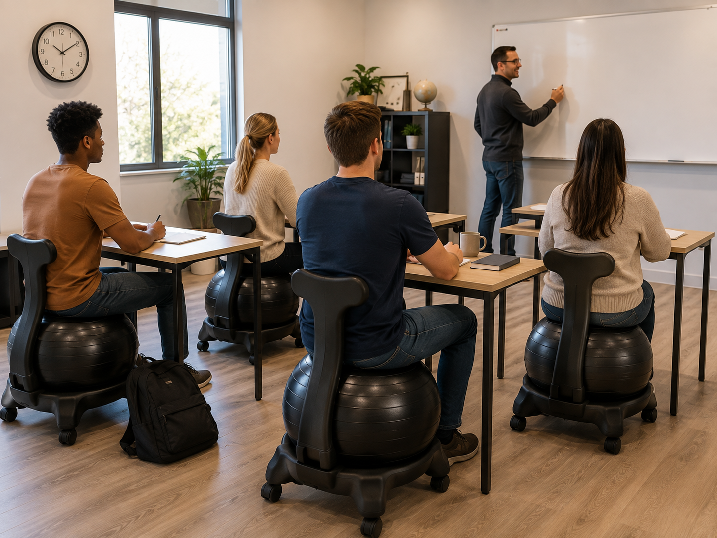 Students seated on balance ball chairs at desks in a classroom while a teacher writes on a whiteboard