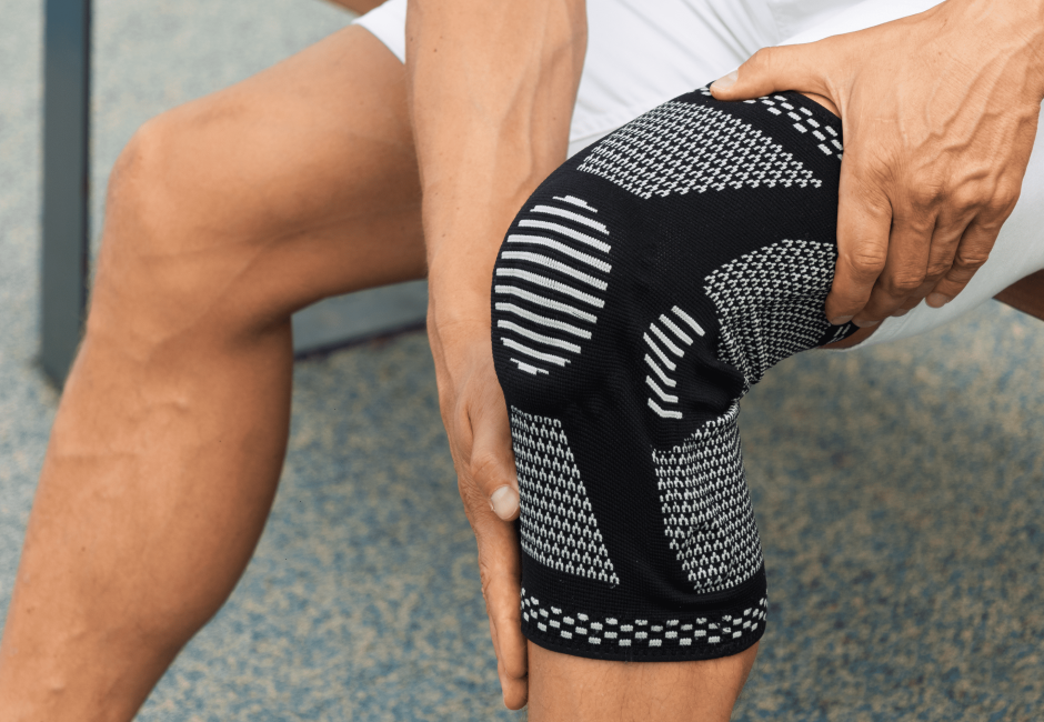 Athlete on a running track adjusting and fastening a knee wrap before training