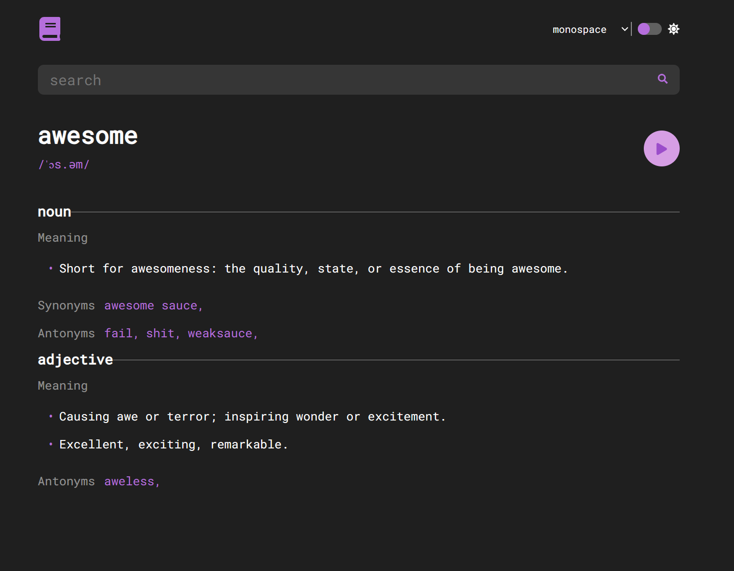 dictionary app interface