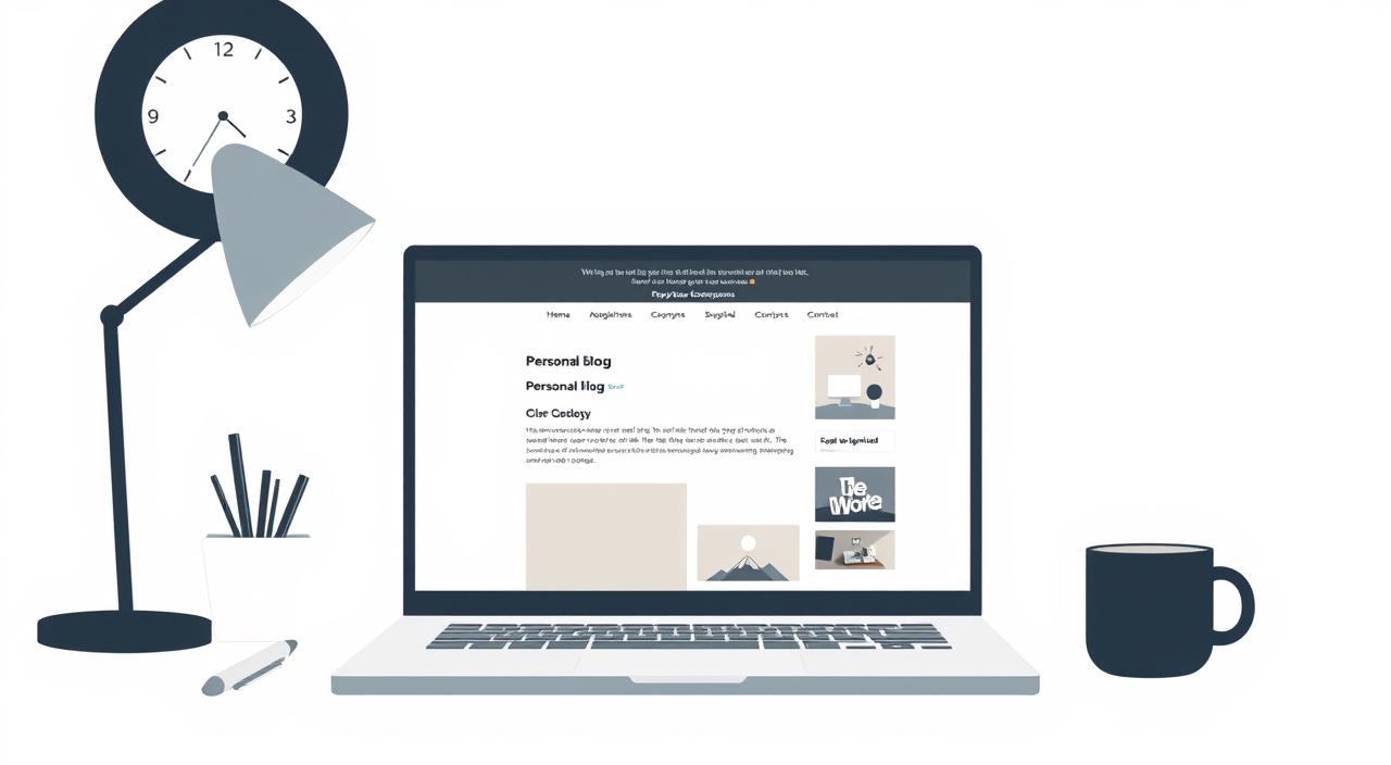 A minimalist workspace with a laptop displaying a personal blog website design
