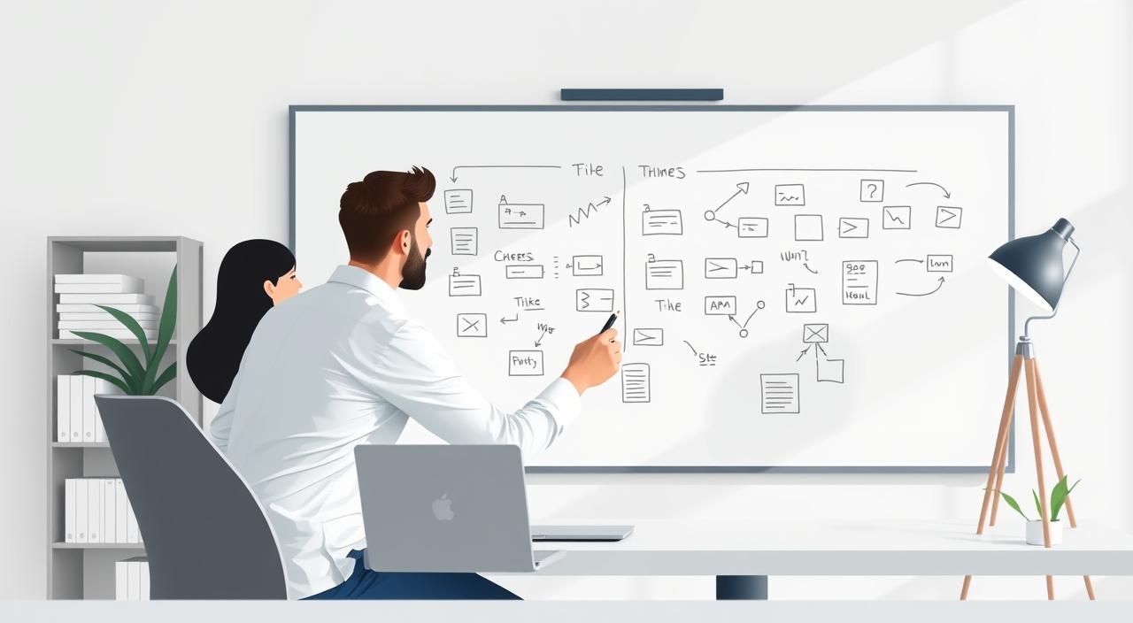 A developer brainstorming ideas on a whiteboard in a modern office