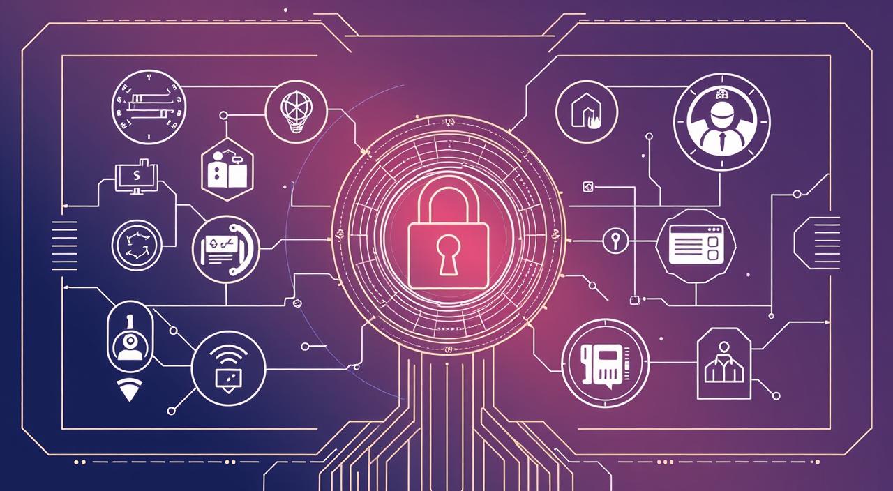 A futuristic digital interface showing secure data and artificial intelligence icons