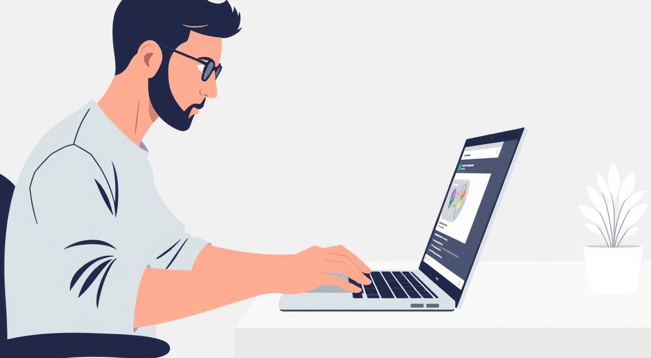 A developer interacting with an AI interface, typing creative prompts on a laptop
