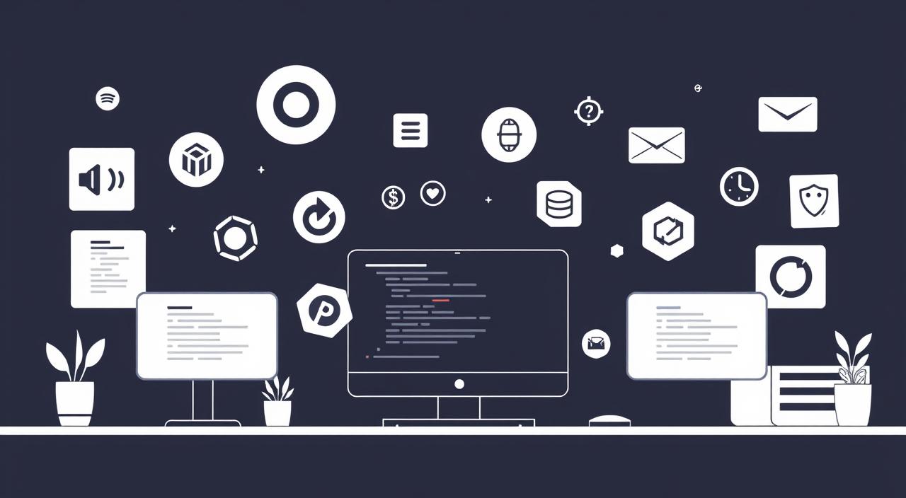 various coding extensions icons floating around a computer screen