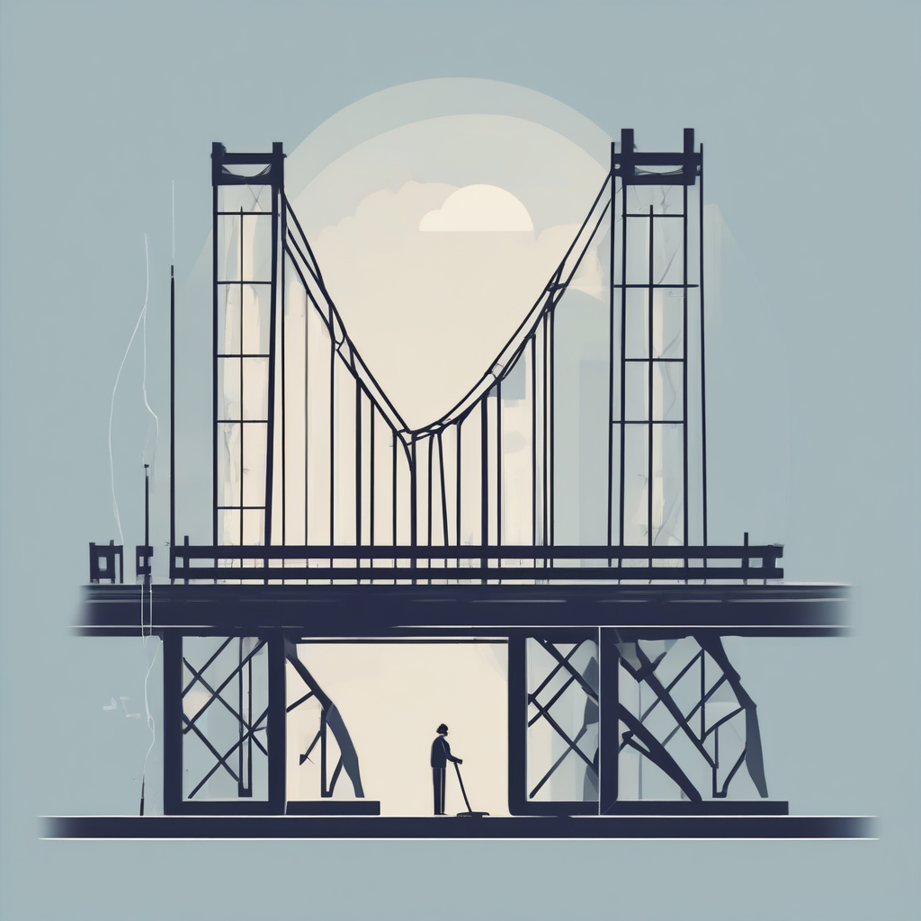 a metaphorical image of a professional developer building a new bridge while maintaining the old one