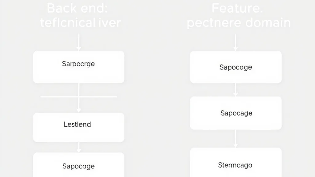 Diagram perbandingan struktur folder by-kind versus by-feature dengan panah dependency