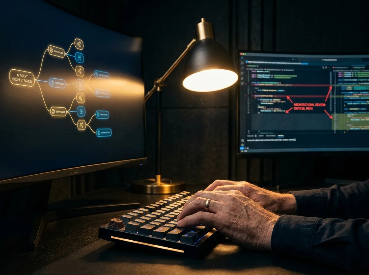 Neural Pods vs. Delivery Teams: The Case for Smaller, Senior Engineering - Close-up cinematic shot of a senior software engineer's hand