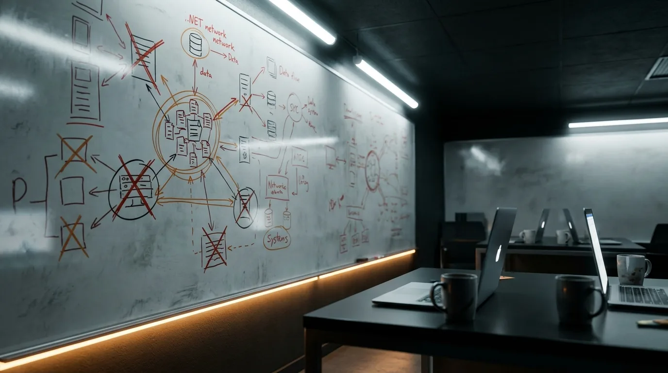 Cognitive Debt AI Code: The 18-Month Maintainability Cliff - A close-up of a whiteboard in a dark engineering war room, c