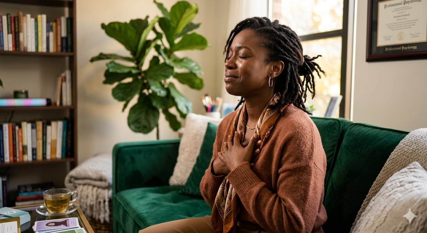 ⁠A high-functioning woman reflecting on why traditional talk therapy hasn't fully resolved her trauma.⁠