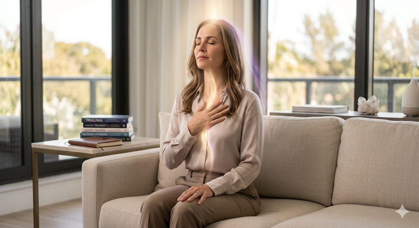 A high-functioning woman experiencing somatic integration during a ketamine-assisted psychotherapy session for complex trauma recovery.