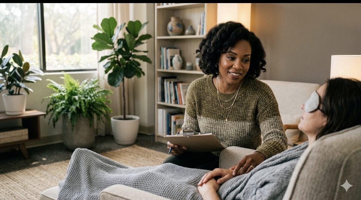 A compassionate female therapist listening to a client during a ketamine-assisted psychotherapy session for trauma healing.