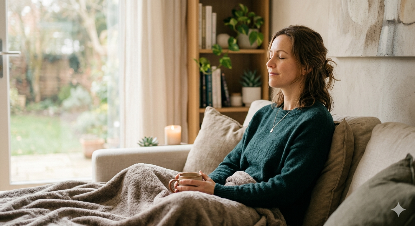 Spiritual woman at peace resting on couch with tea after ketamine-assisted psychotherapy trauma healing sessio