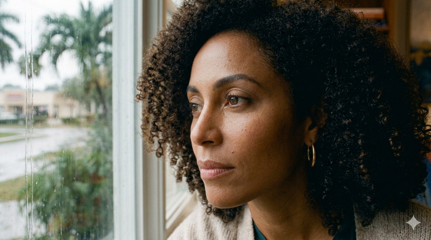 High-functioning woman gazing out a rainy window, reflecting on her healing journey — ketamine-assisted therapy for women in Miami, FL
