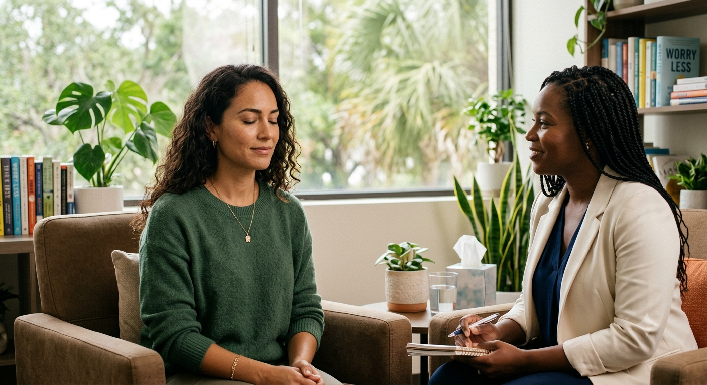A holistic trauma therapist taking notes during a peaceful somatic therapy session, demonstrating how to heal unresolved trauma & ease high-functioning anxiety