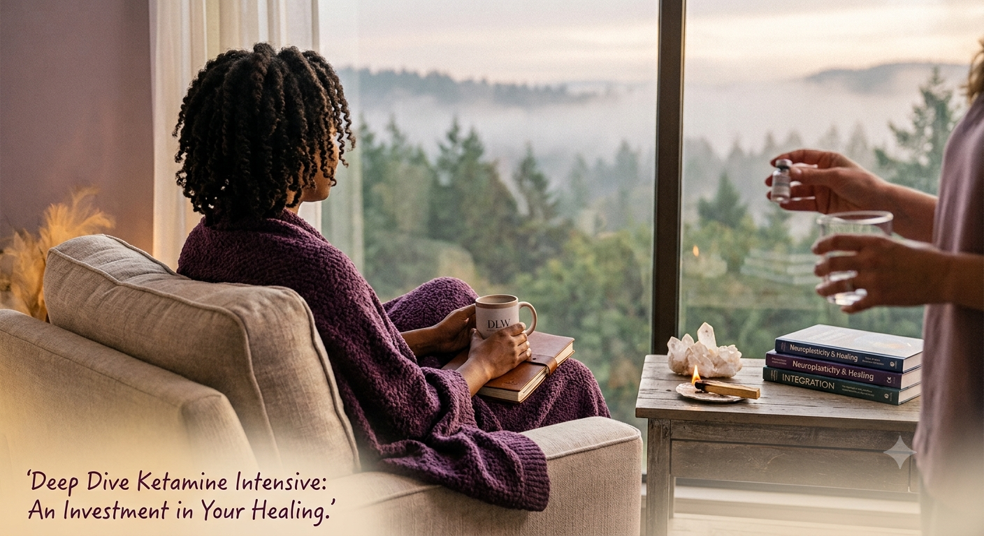 A woman with dark curly hair wrapped in a purple blanket sits in a chair, holding a journal and mug. On a side table next to her are crystals, incense, & books.