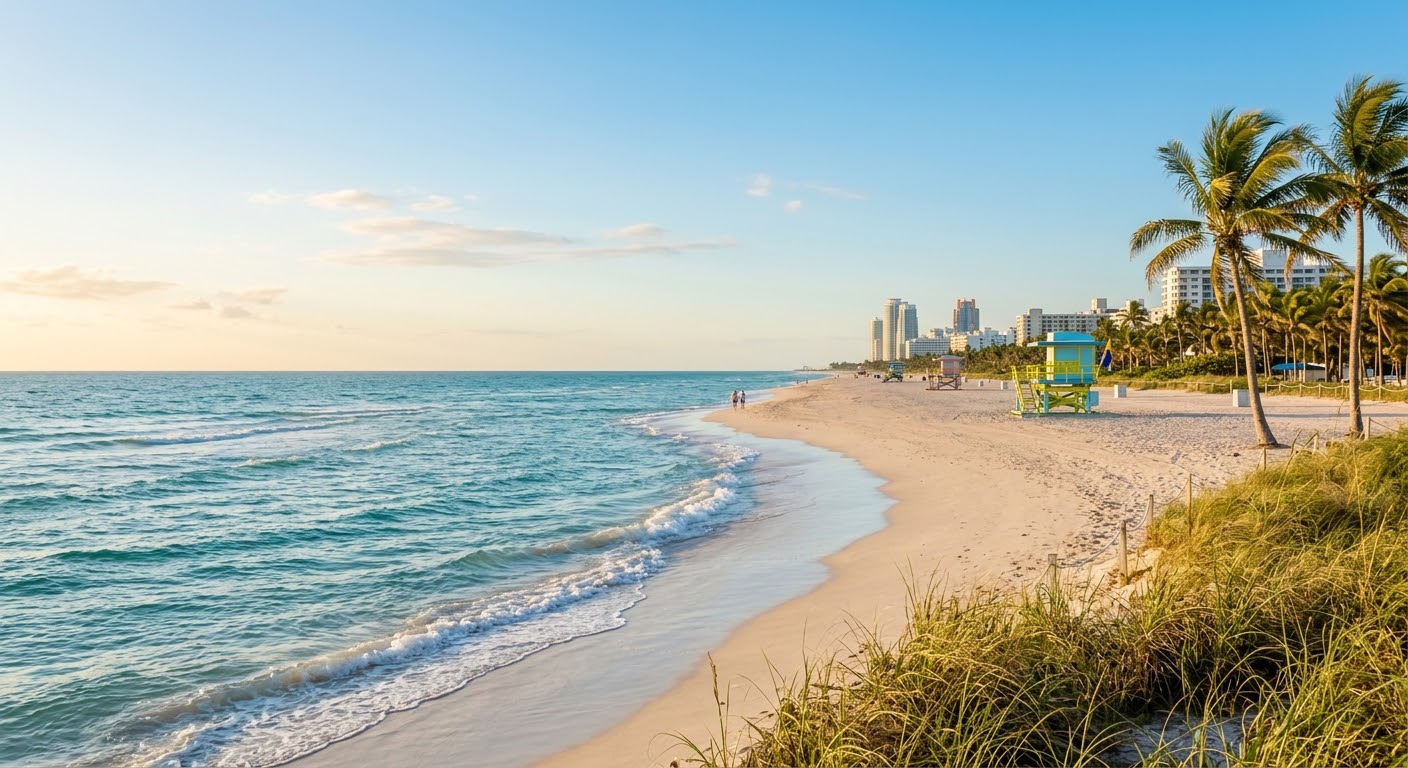 Tranquil Miami beach coastline with turquoise water and palm trees representing healing through relationship therapy for hyper-independence.