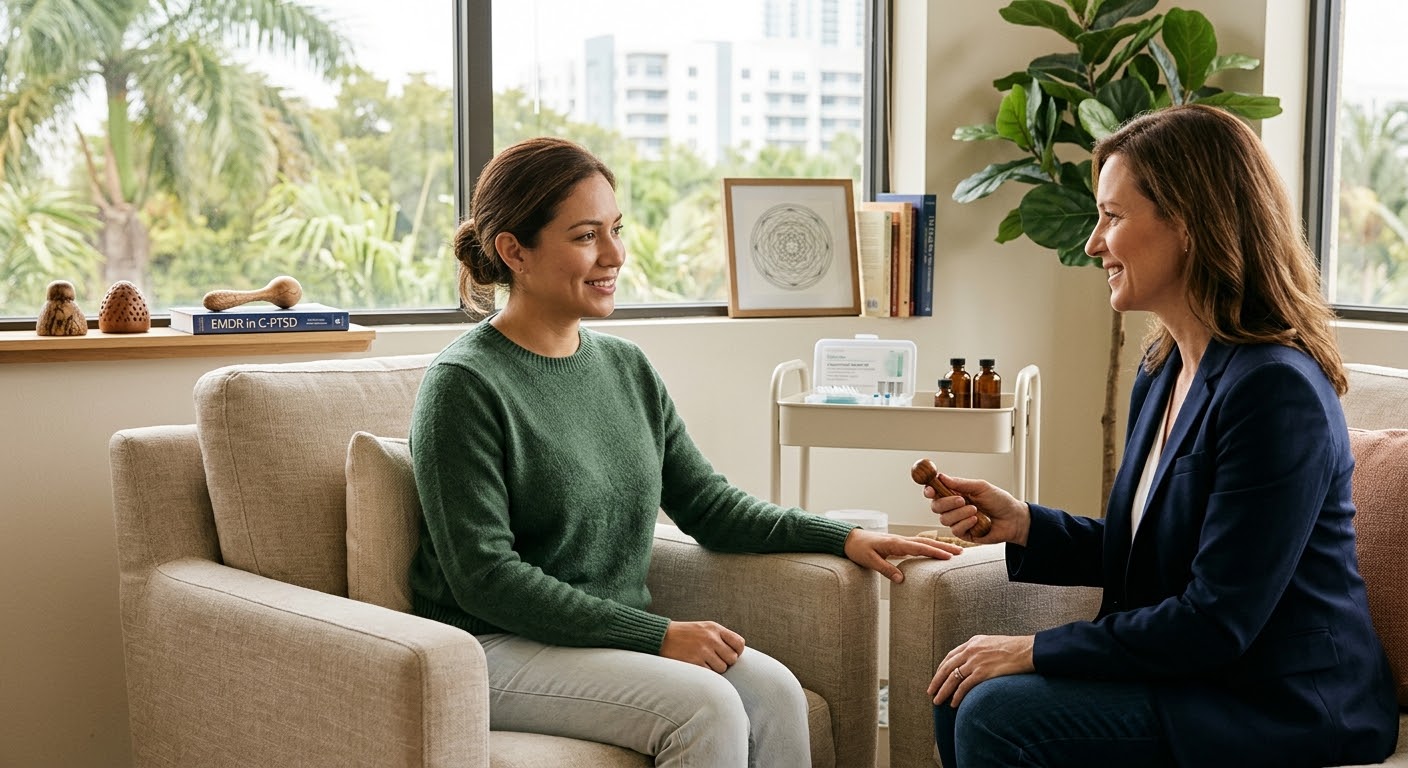 A serene, sunlit clinical therapy office where a female clinician guides a client with the best therapy for complex ptsd for women. 