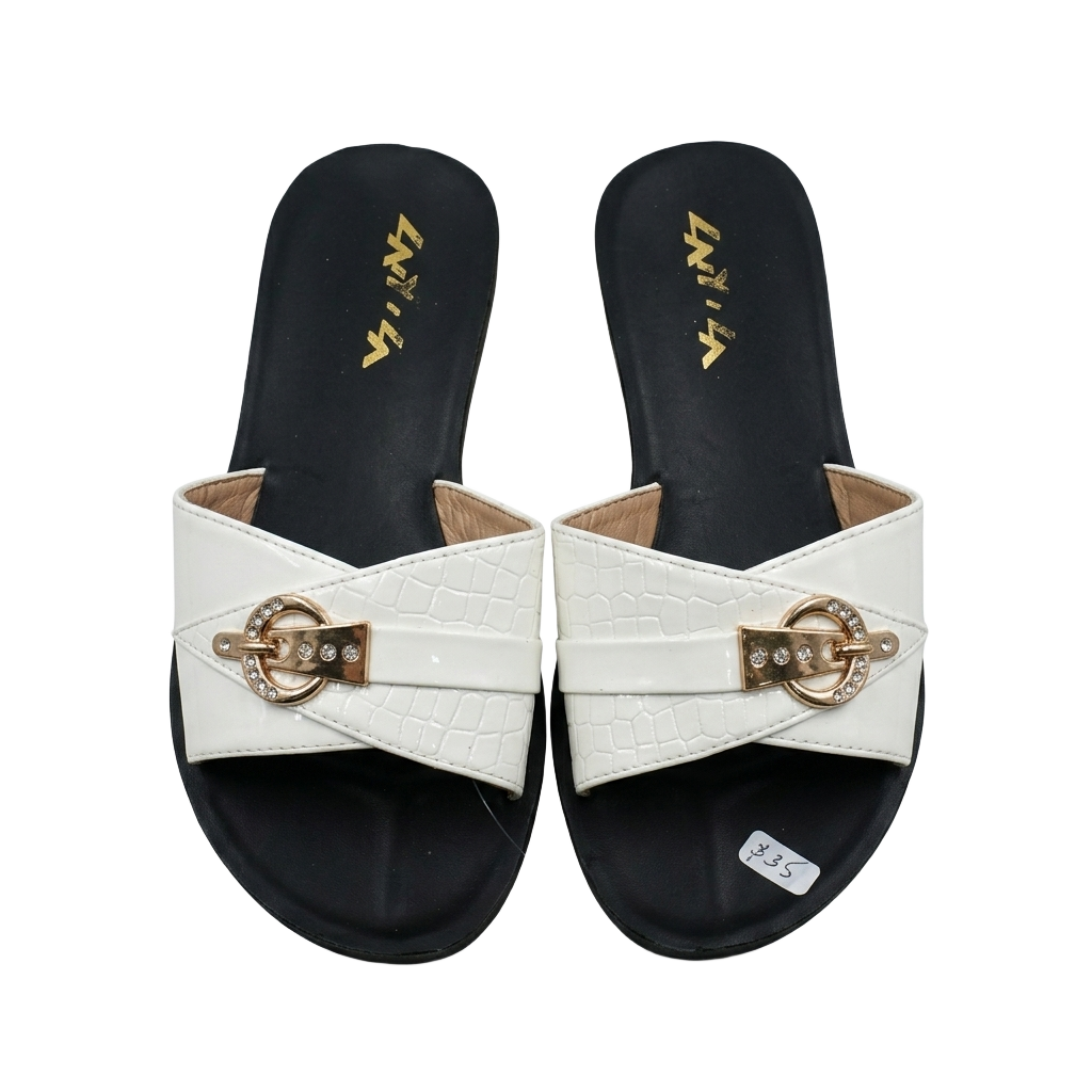 Layila White Croc-Embossed Slide Sandals (Gold Buckle)
