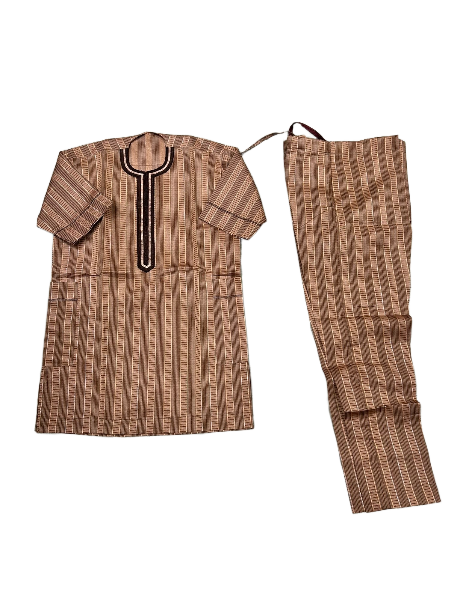 Men's African Pinstripe Kaftan Top & Pants – Brown Embroidered Neckline