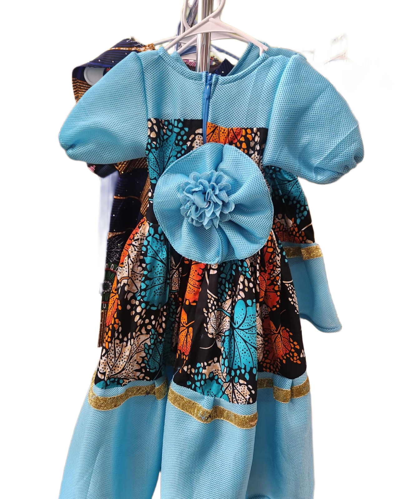 Girls' African Print Ankara Dress with Turquoise Mesh & Gold Trim