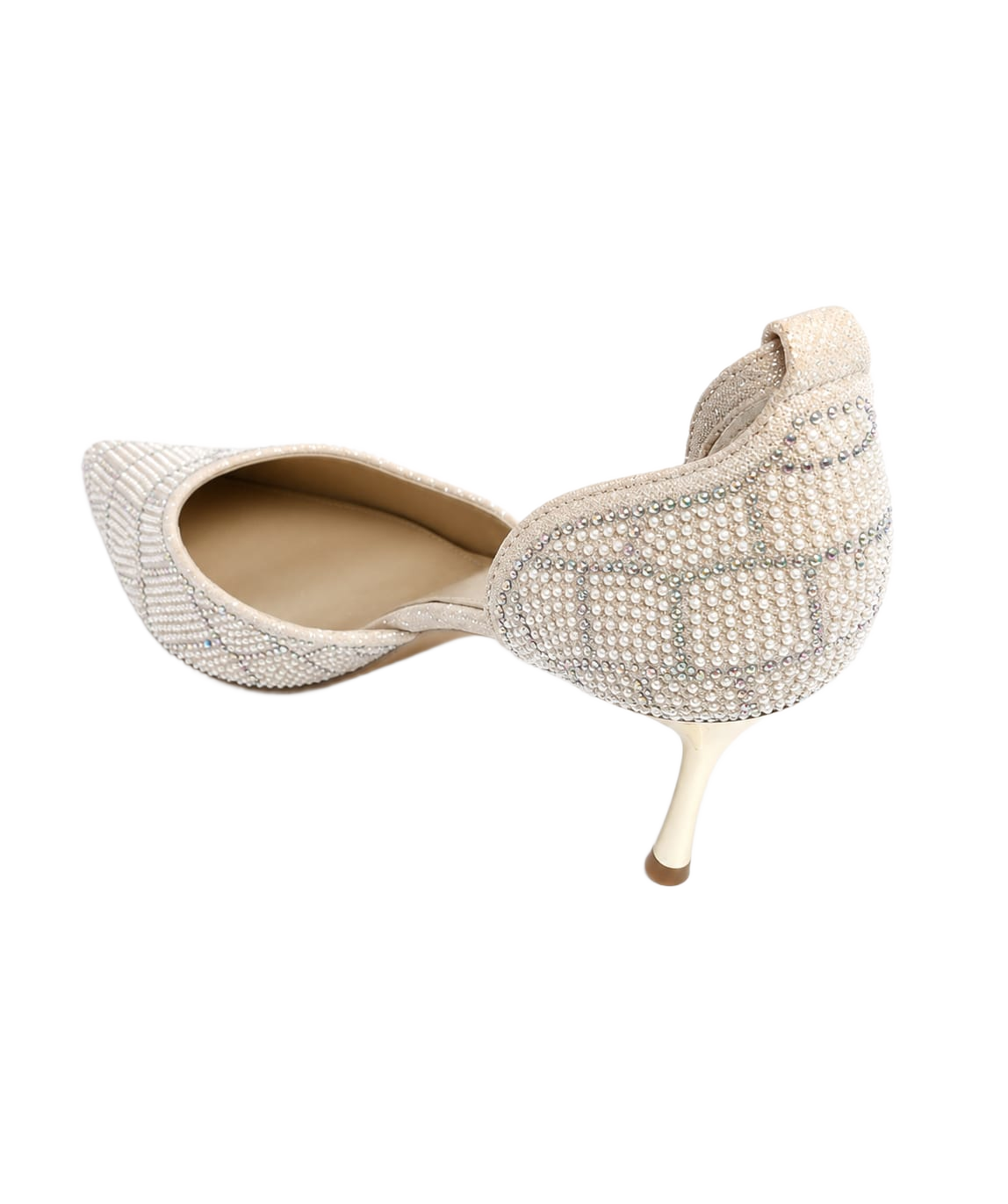 Pearl & Crystal Embellished Kitten Heel Pumps – Champagne/Ivory