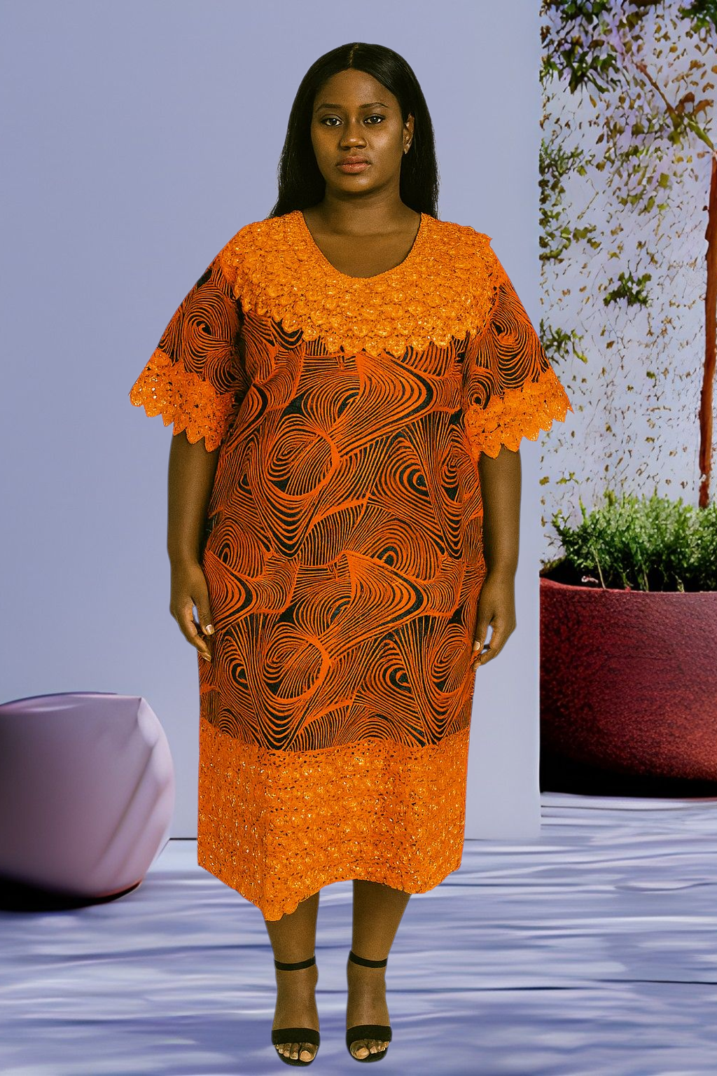 Kneel lenght Ankara Top mixed with Lace materia;s for women