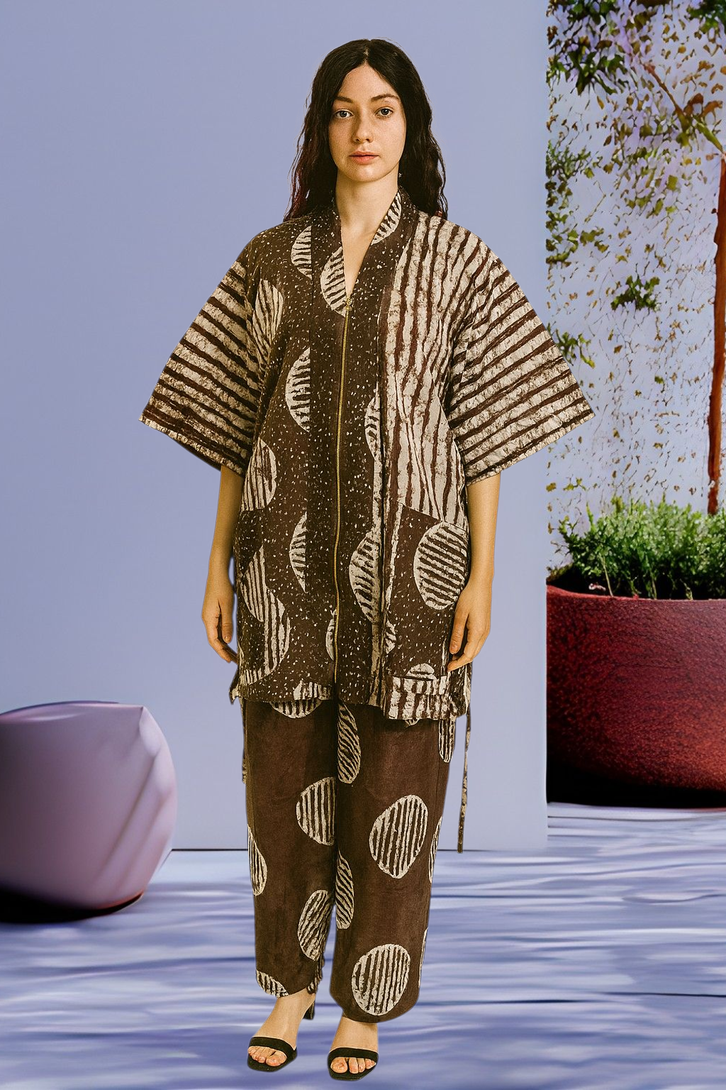 Adire Print Two-Piece Set: African Cotton Top & Wide-Leg Pants