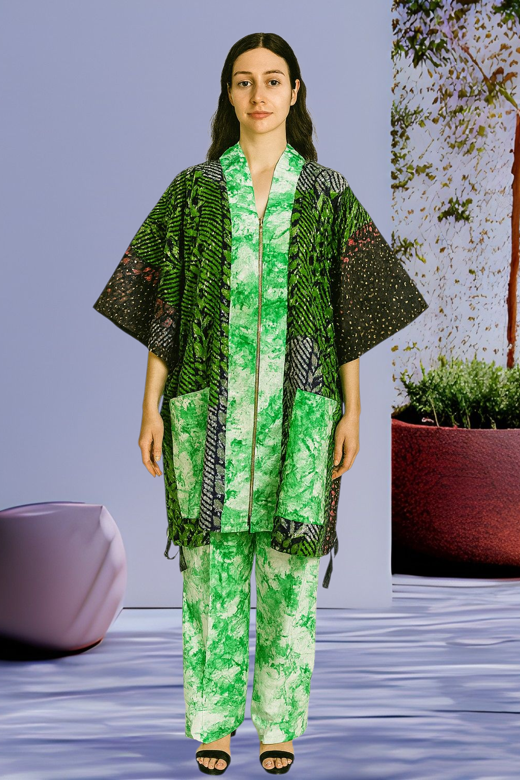 Adire Print Two-Piece Set: African Cotton Top & Wide-Leg Pants