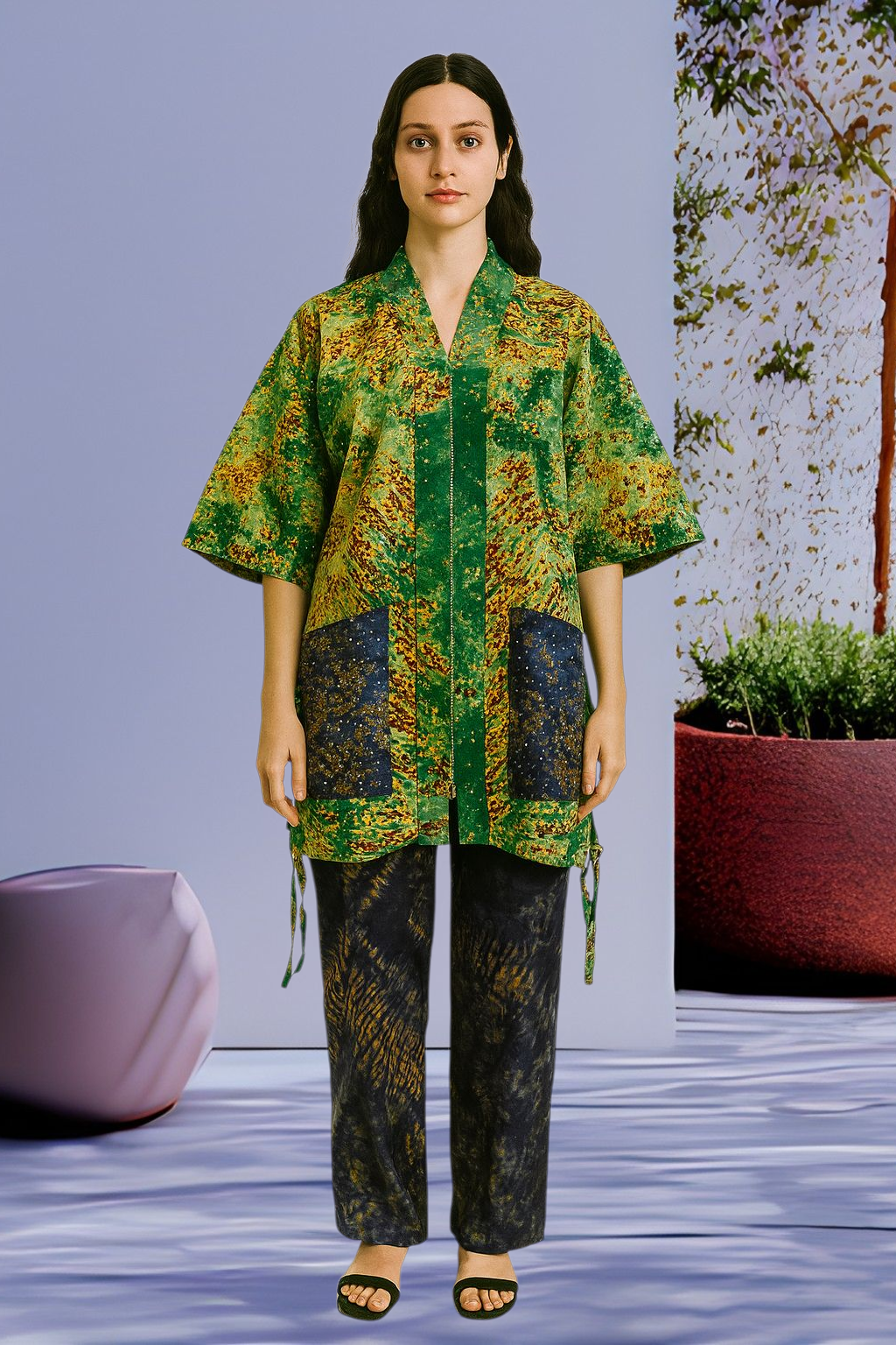 Adire Print Two-Piece Set: African Cotton Top & Wide-Leg Pants