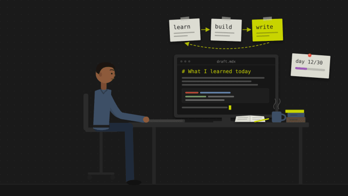 Illustration of a developer at a desk writing a post titled “What I learned today”