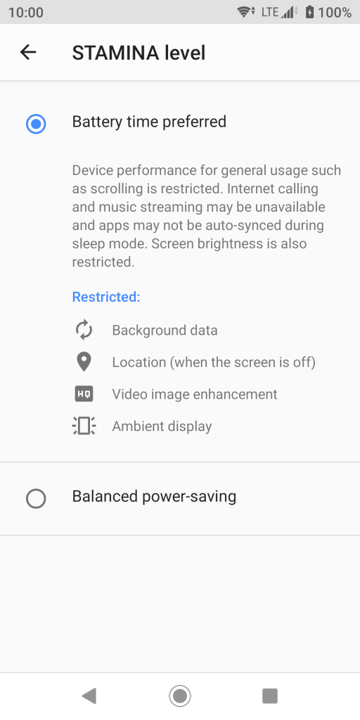 STAMINA Level - Battery time preferred