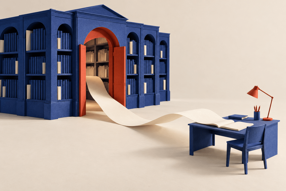 A cobalt paper research library opens onto a personal desk through a flowing sheet of paper, with vermilion accents.