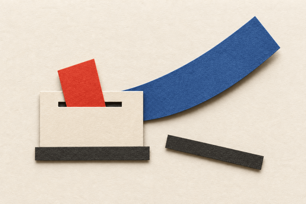 Hand-cut paper ballot sleeve, a vermilion ballot and a cobalt wing opening beyond a released charcoal restraint.