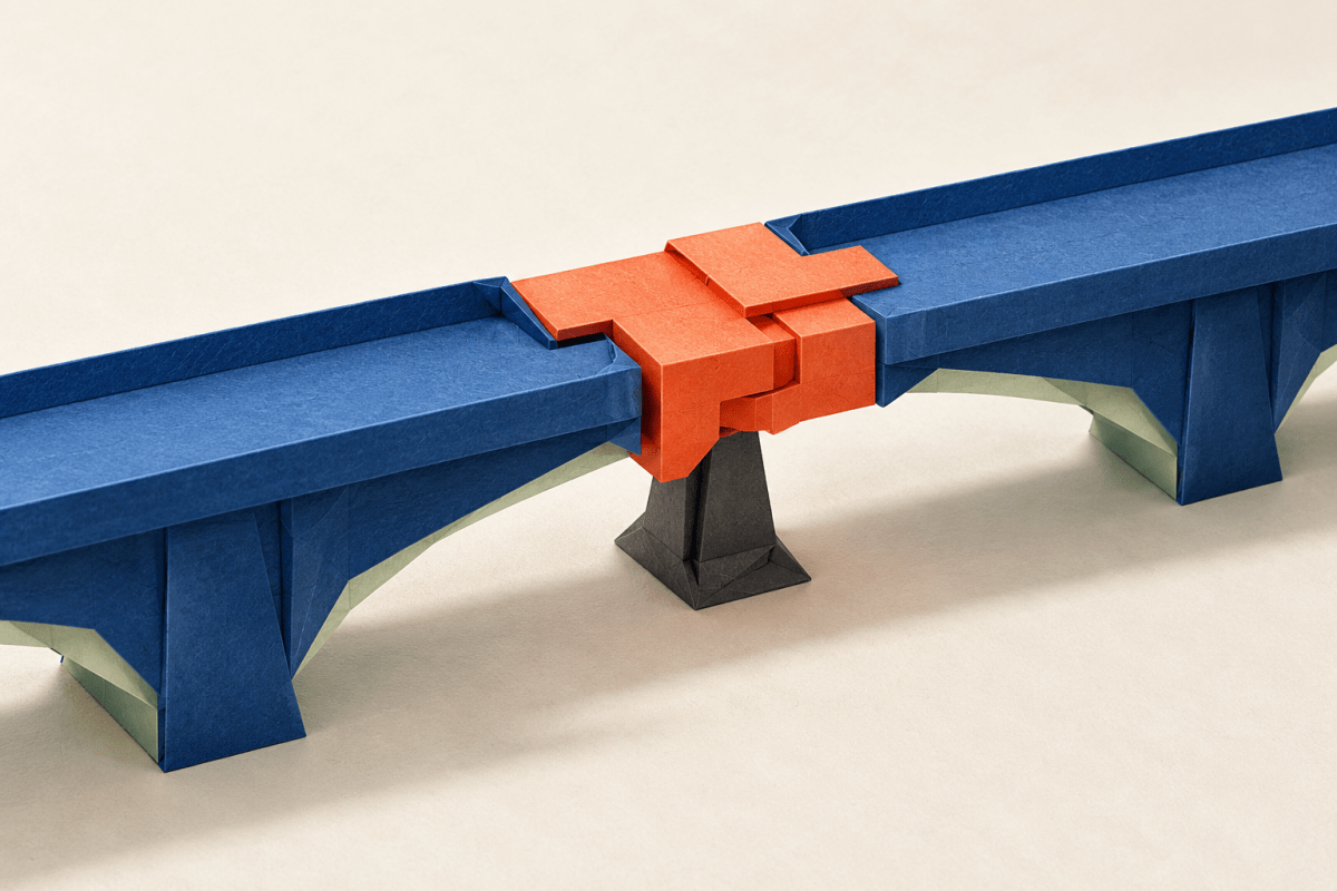 Two blue paper bridge sections joined by a precise orange paper connector, representing specialist expertise connecting data with decisions.