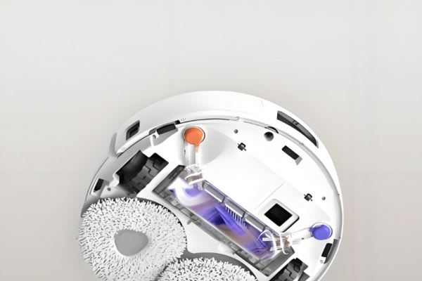 A top view of a robot vacuum showing its internal parts, illustrating how to turn off robot vacuum effectively.