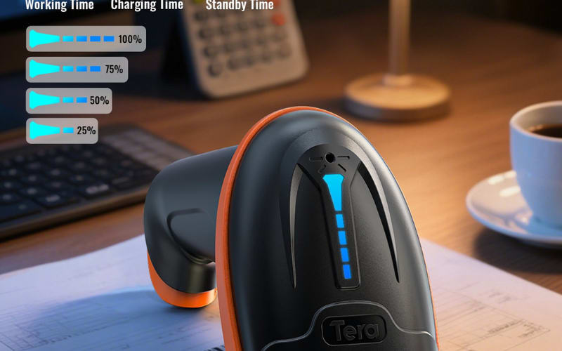 A sleek dusting robot resting on a desk, showcasing working, charging, and standby time indicators, with a mug in the background.