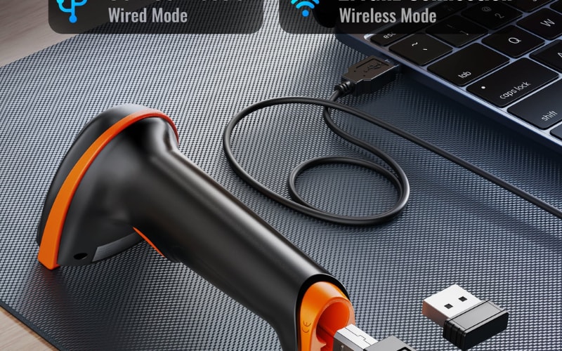 A close-up of a barcode scanner showcasing its wired and wireless modes, perfect for integrating with a dusting robot setup.
