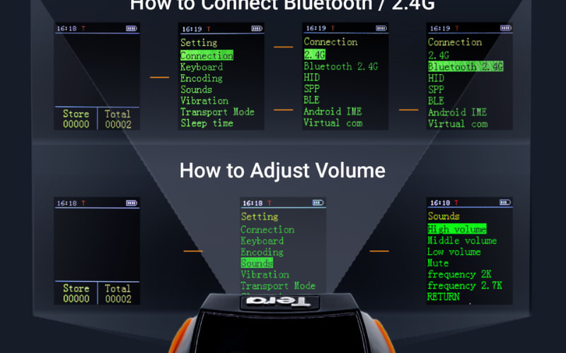 Instructions for connecting Bluetooth and adjusting volume for a dusting robot, displayed on a screen interface.