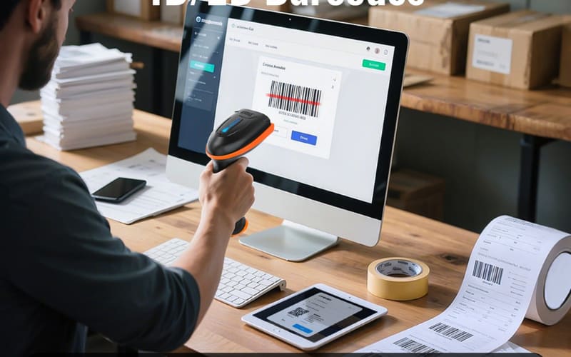A person scans a barcode on a computer screen, surrounded by stacks of papers and a dusting robot in a modern workspace.