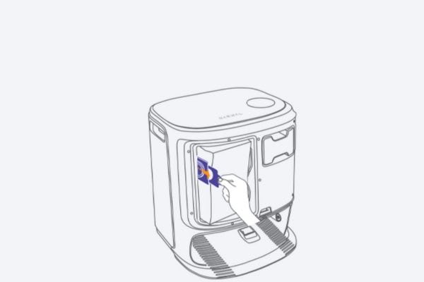 A hand demonstrates how to open a vacuum cleaner dust bag, revealing the inner compartment for easy cleaning.