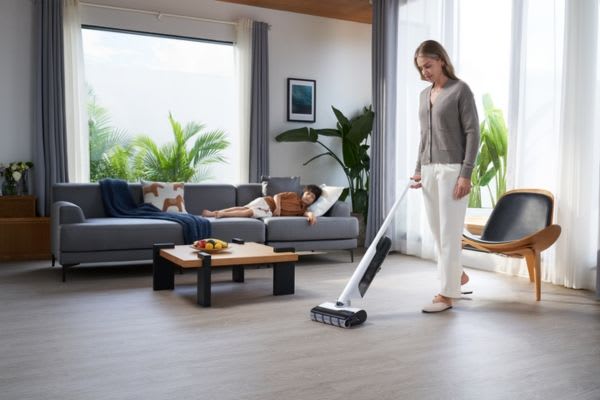 A woman uses innovative vacuum cleaners in a stylish living room, while another person relaxes on the sofa nearby.
