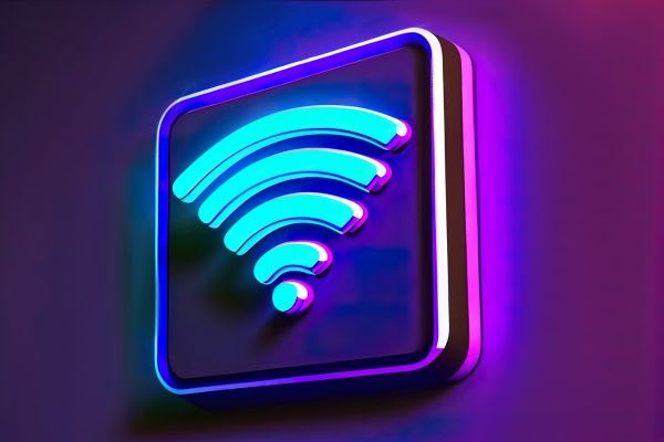 A vibrant Wi-Fi symbol illuminated in blue and purple, representing connectivity for the robot vacuum 5ghz network.