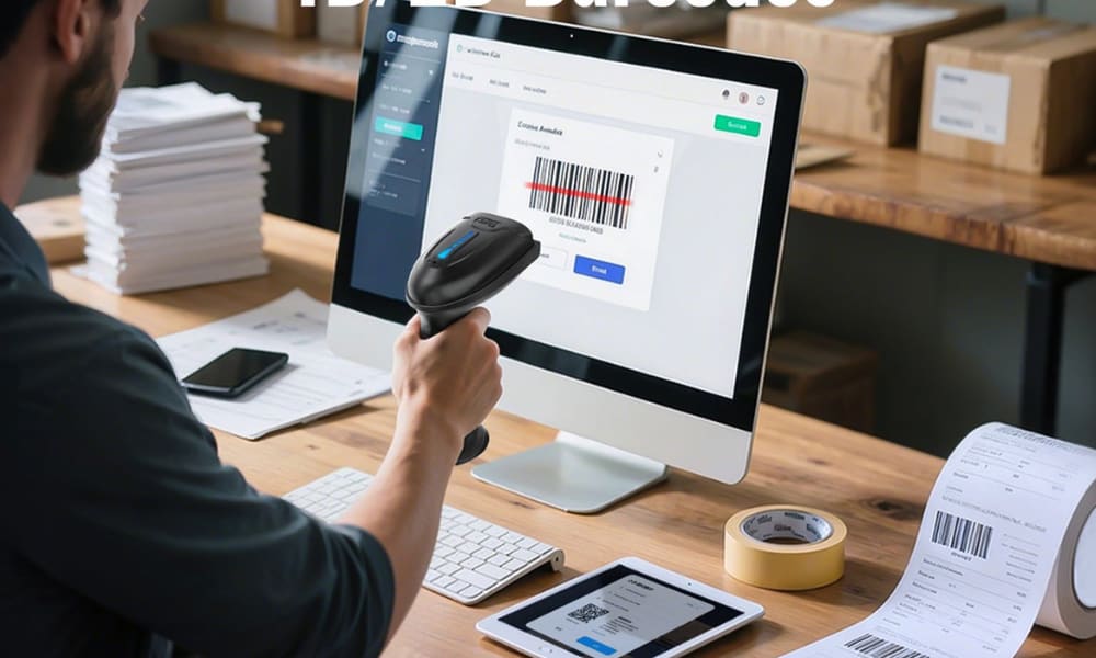A person using an imager barcode scanner while working on a computer with shipping labels and packages nearby.