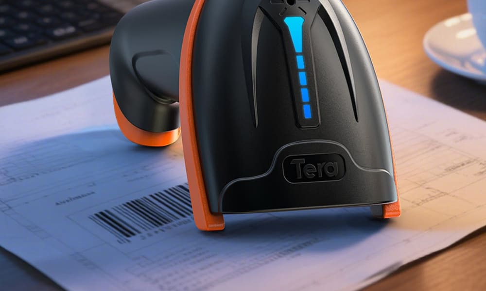 A Tera imager barcode scanner sits on a document with a barcode, showcasing modern scanning technology on a desk.